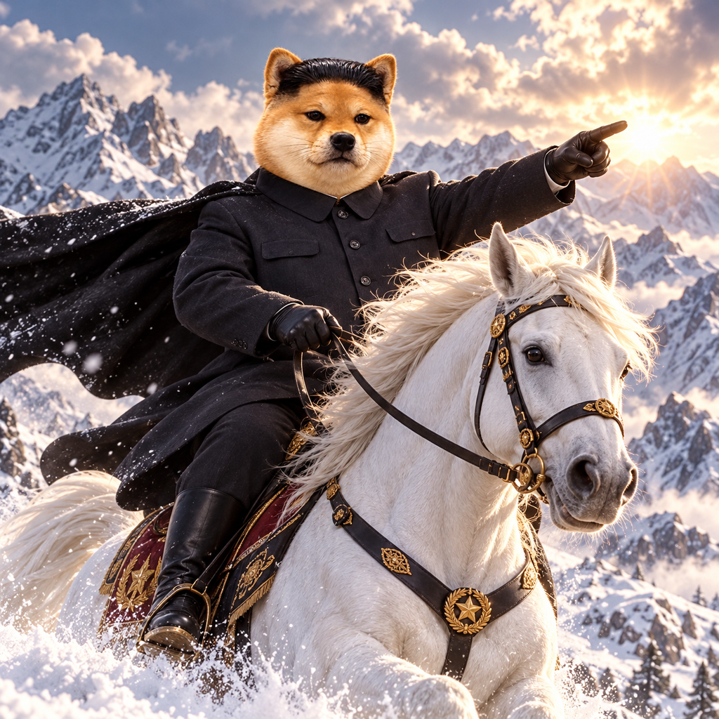 Kim Jong Inu charging through the snowy mountains on a white horse