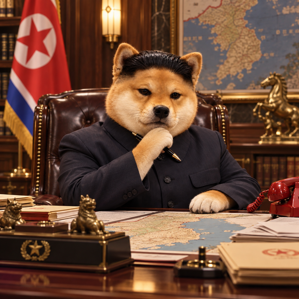 Kim Jong Inu thinking at a desk in his office