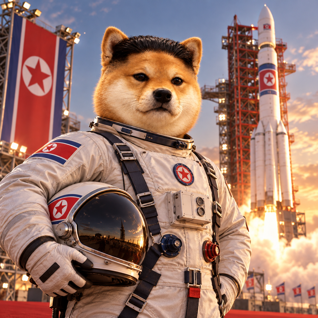 Kim Jong Inu in a spacesuit with a rocket at the launchpad